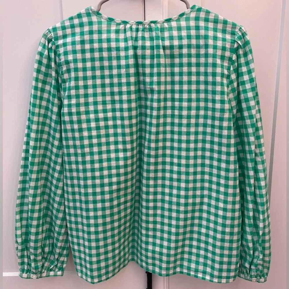 J. Crew green gingham white tie-neck smocked top small blouse preppy shirt